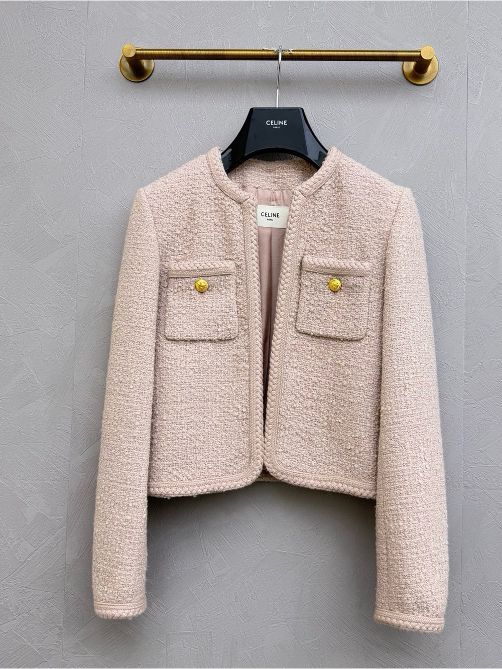 🚩steal Celine Pale Pink Tweed Boxy Cropped Jacket